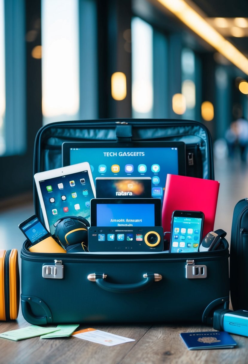 A suitcase filled with tech gadgets and entertainment items, surrounded by travel essentials like a passport and tickets