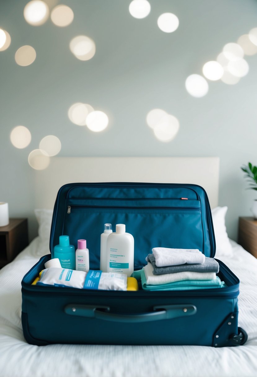 A suitcase filled with toiletries, medical supplies, and clean clothing laid out on a bed