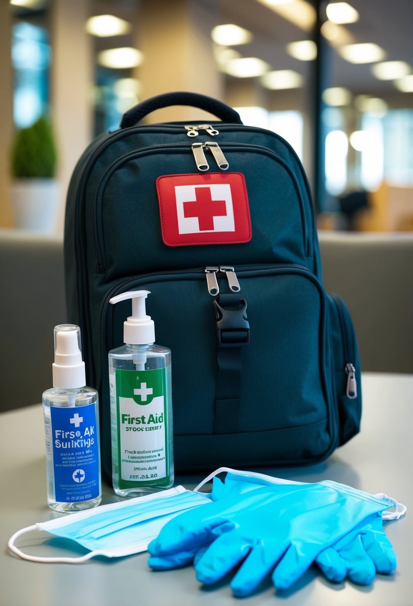 A backpack with a first aid kit, hand sanitizer, face masks, and gloves laid out on a table