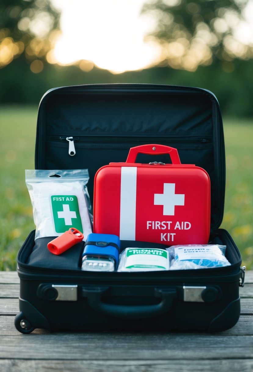 A suitcase packed with a first aid kit, flashlight, emergency whistle, and lock