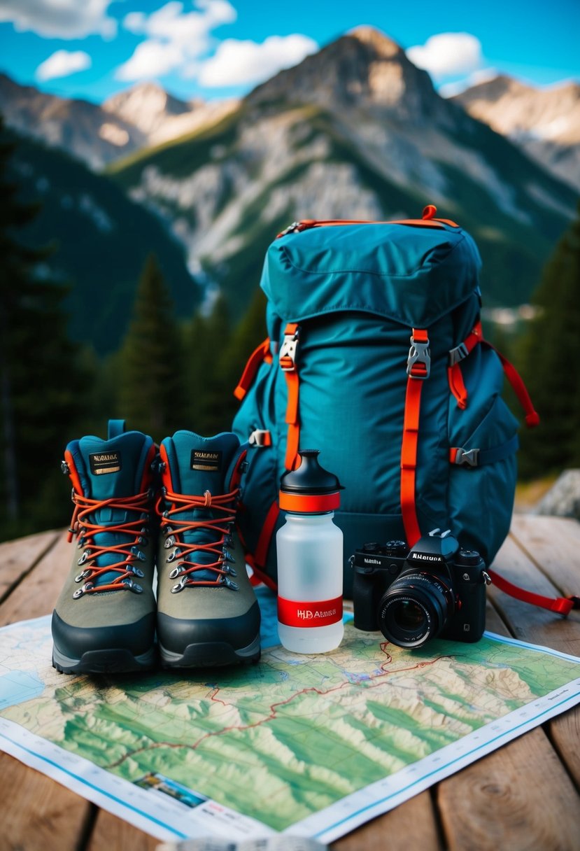 A backpack, hiking boots, a water bottle, a map, and a camera laid out on a wooden table in front of a mountainous landscape