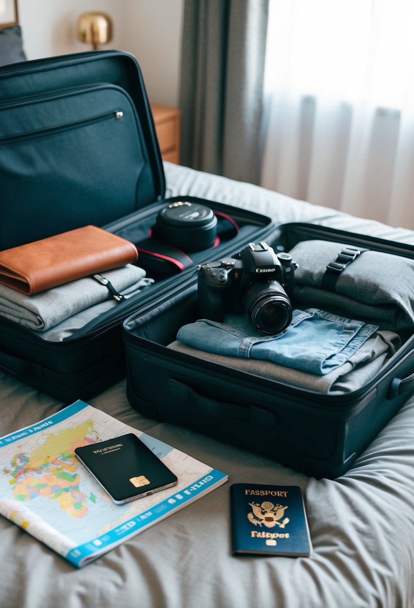 A suitcase open on a bed, filled with clothes, a camera, and a guidebook. A map, passport, and phone charger sit nearby