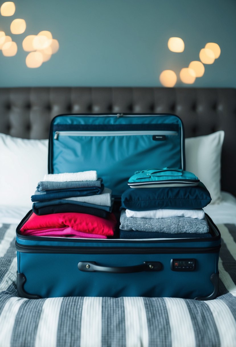 A suitcase filled with clothes, toiletries, and travel essentials laid out on a bed