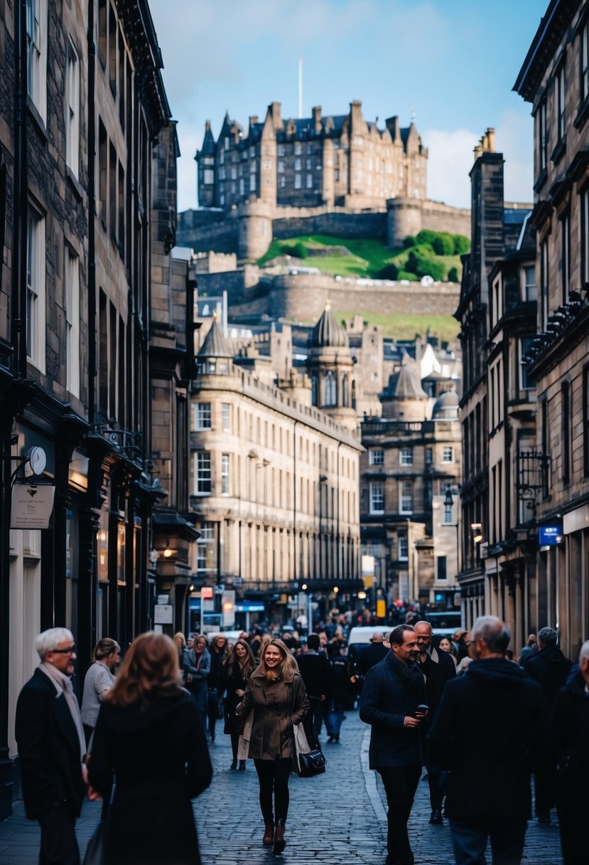 A bustling cityscape with Edinburgh Castle in the background, surrounded by historic buildings and cobblestone streets. Tourists and locals mingle in the lively atmosphere