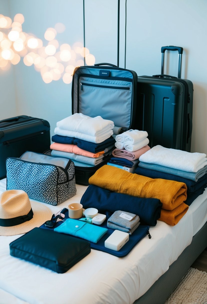 Various items including clothing, toiletries, and travel accessories arranged neatly on a bed with an open suitcase nearby