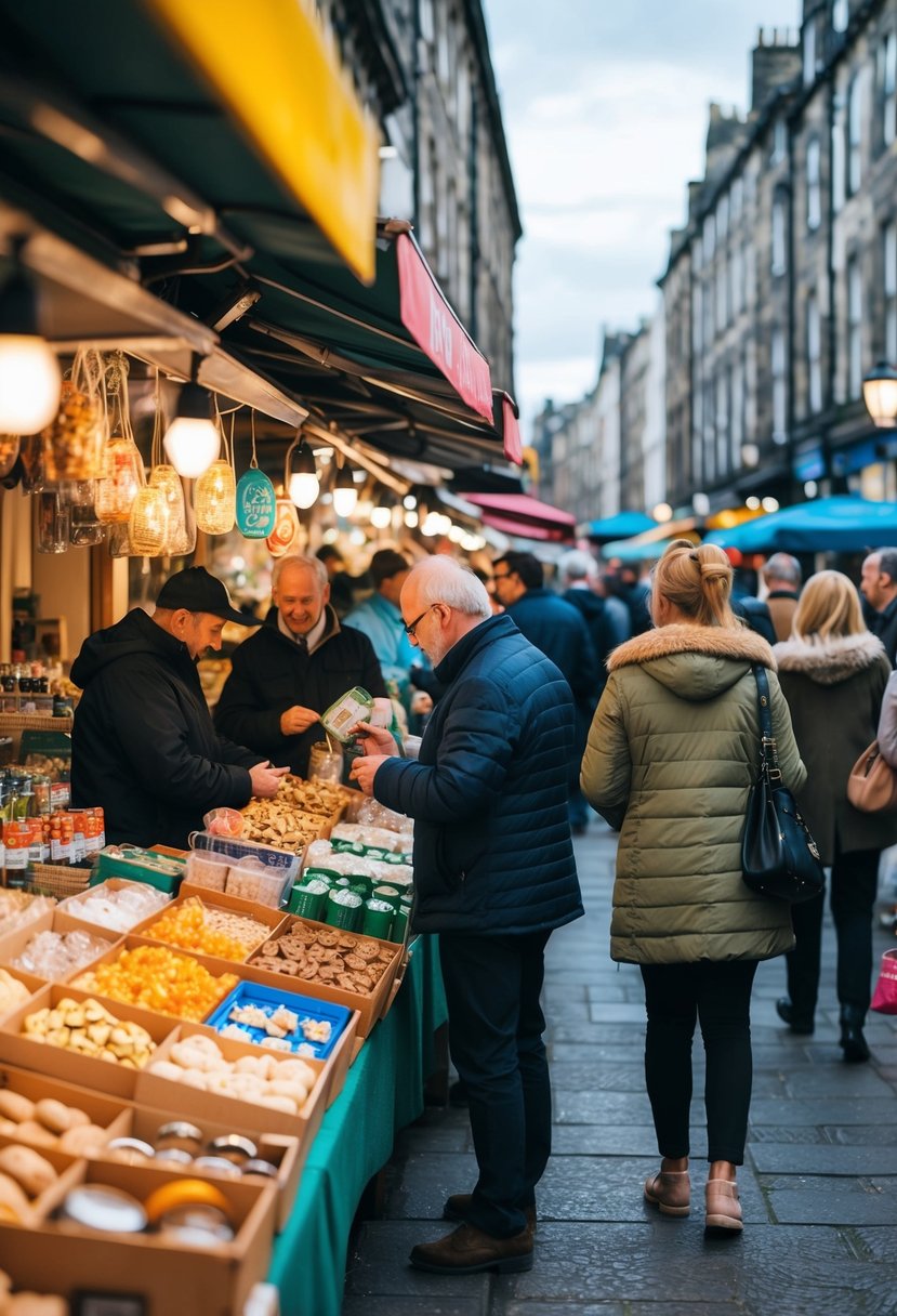 A bustling street market in Edinburgh, with vendors selling local goods and tourists browsing through a variety of souvenirs and treats