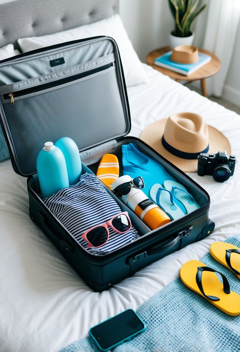 A suitcase open on a bed, filled with swimsuits, sunscreen, sunglasses, a hat, and a camera. A beach towel and a pair of flip-flops are placed next to the suitcase