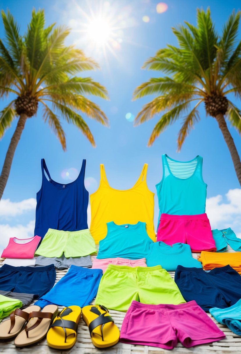 A colorful array of lightweight, breathable clothing items, including shorts, tank tops, sundresses, and sandals, laid out against a backdrop of palm trees and a bright blue sky