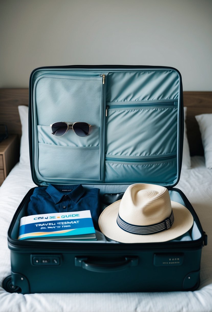 A suitcase open on a bed, filled with neatly folded clothes, a pair of sunglasses, a sun hat, and a travel guide for a cruise itinerary