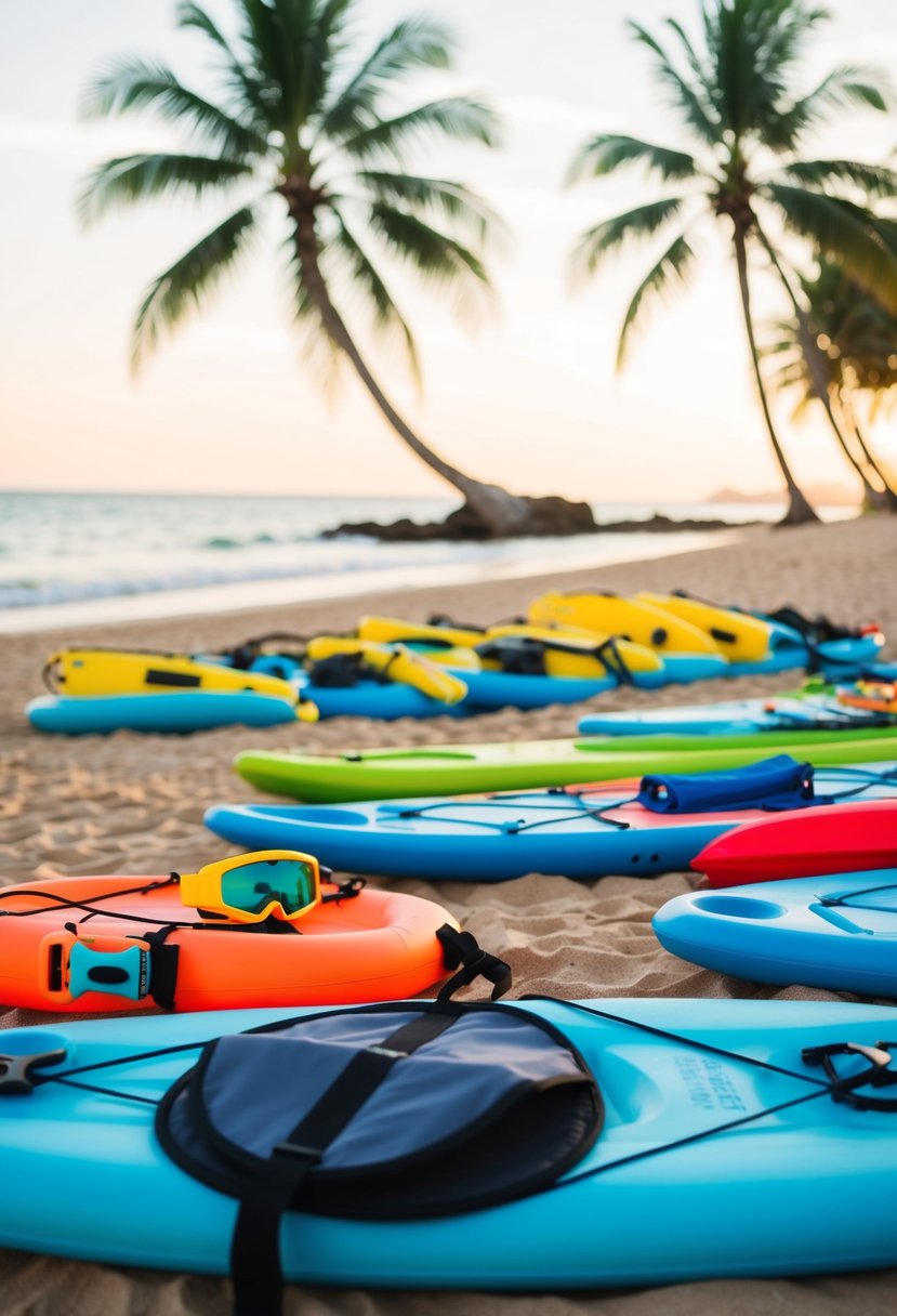 A colorful array of beach and water activity gear laid out on a sandy beach with palm trees in the background