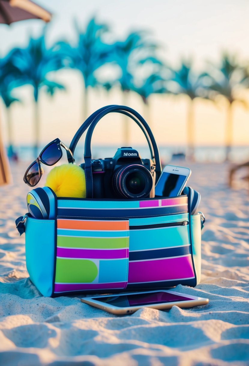 A beach bag filled with tech gadgets and entertainment items for a trip to Miami, including a camera, headphones, tablet, and sunglasses