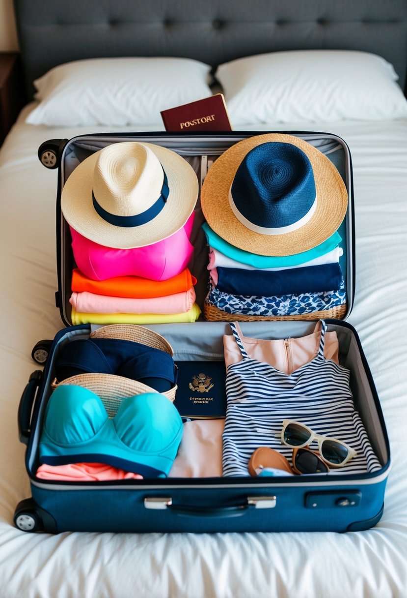 A suitcase open on a bed, filled with swimsuits, sun hats, formal dresses, sandals, and sunglasses. A beach bag and passport peek out from the top