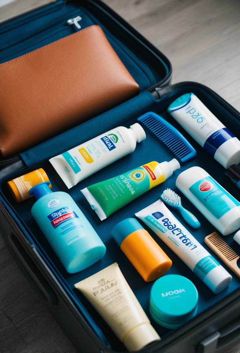 Various personal items and toiletries scattered on a suitcase: toothbrush, toothpaste, shampoo, conditioner, soap, deodorant, razor, comb, and sunscreen