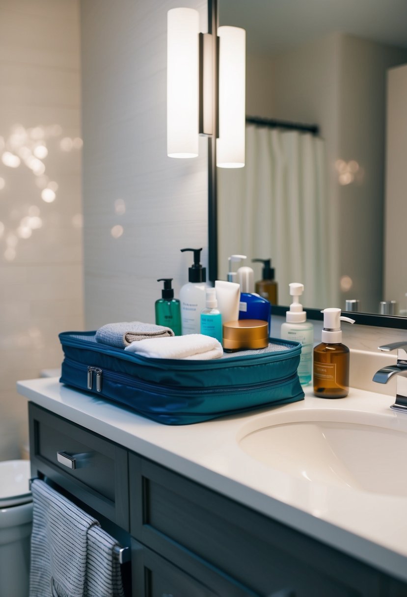 A bathroom counter with toiletries and personal care items neatly arranged for packing