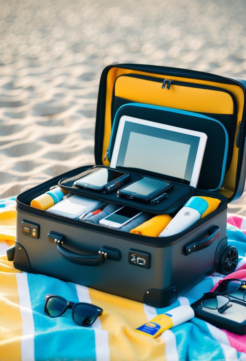 A suitcase filled with tech gadgets and entertainment items, surrounded by a beach towel, sunscreen, and a pair of sunglasses