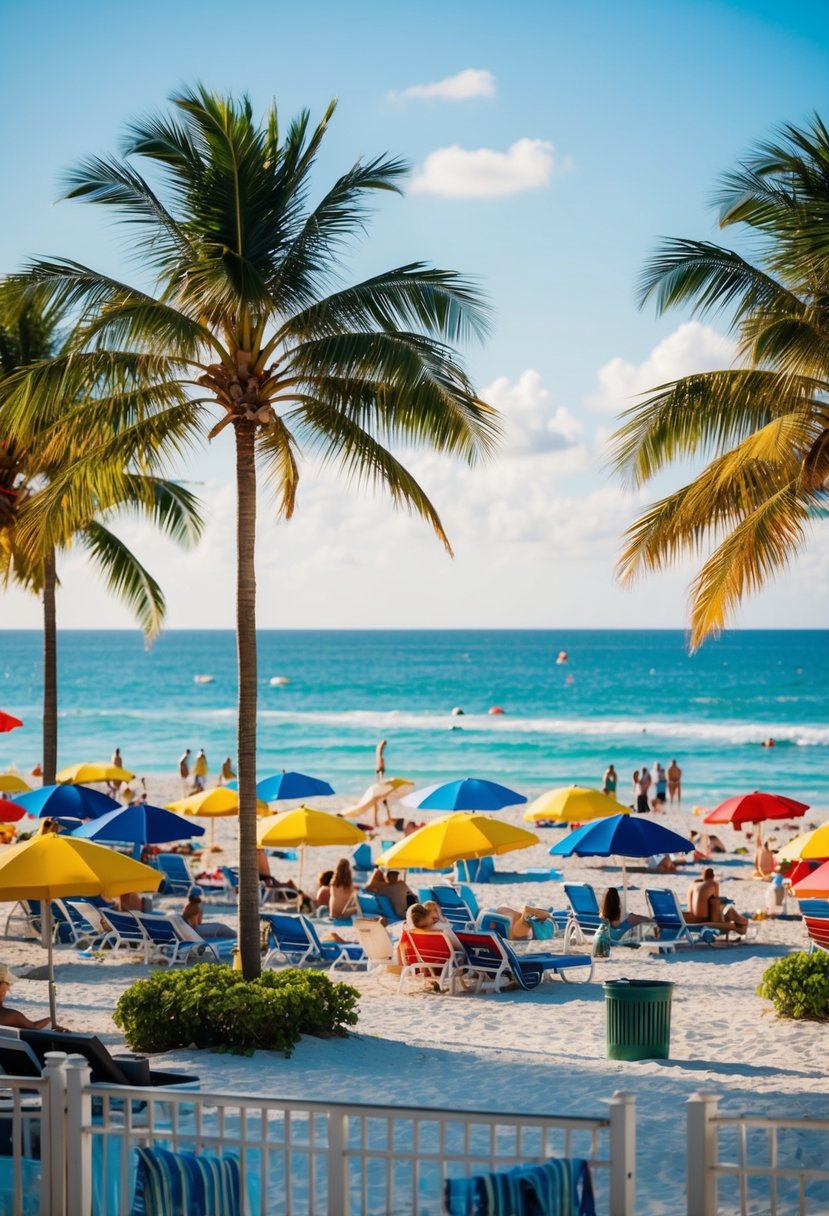 A colorful beach scene with palm trees, beach umbrellas, and people enjoying the sun and ocean in Miami's famous hotspots