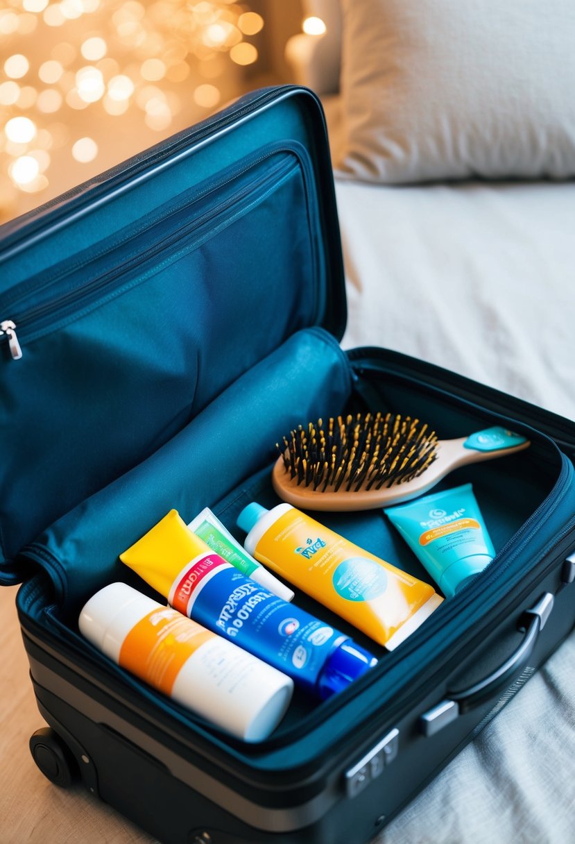 A suitcase open with personal care items spilling out, including toothpaste, shampoo, sunscreen, and a hairbrush, ready to be packed for a cruise