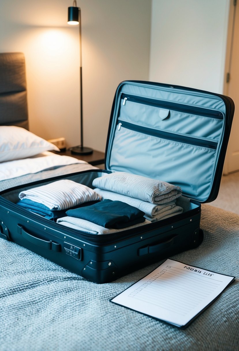 A suitcase open on a bed, filled with neatly folded clothes and travel essentials. A packing list sits next to it