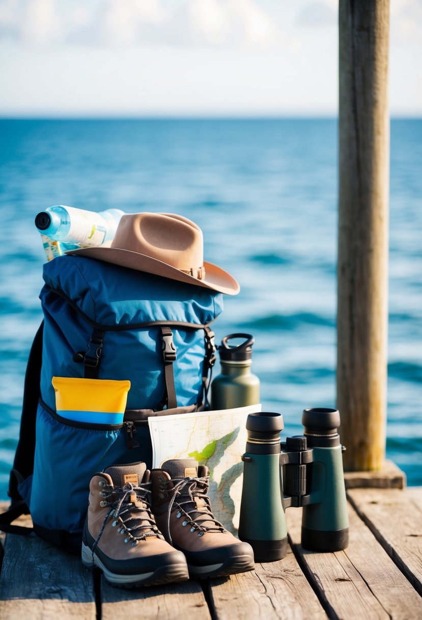 A backpack filled with sunscreen, a water bottle, a hat, and a map sits next to a pair of sturdy hiking boots and a pair of binoculars on a wooden dock by the ocean