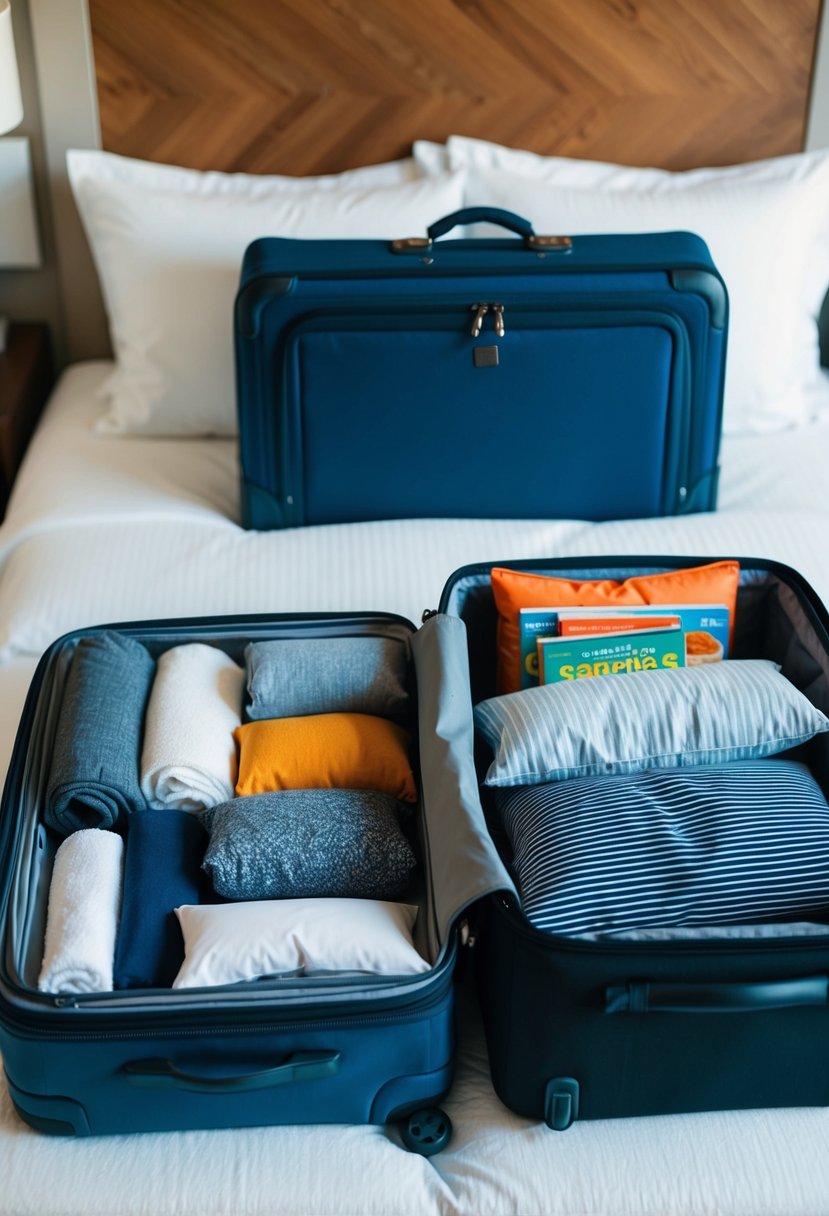 A suitcase open on a bed, filled with neatly folded clothes, toiletries, and travel essentials. A carry-on bag sits next to it, packed with books, snacks, and a travel pillow