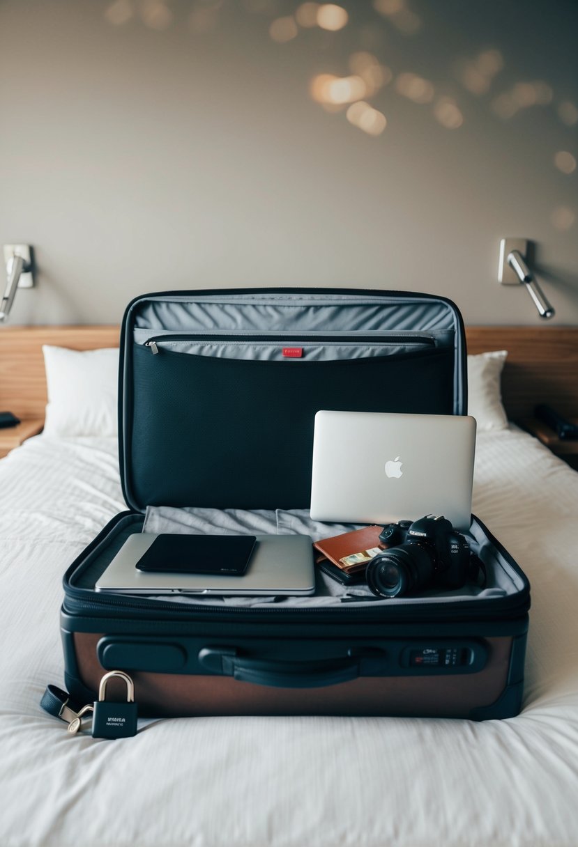 A suitcase open on a bed, filled with a camera, laptop, passport, and other valuables. A lock and key sit nearby for added security