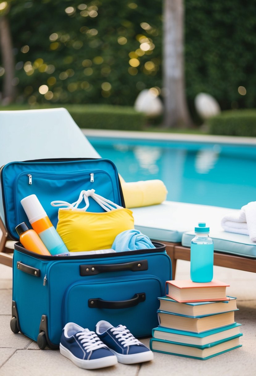 A suitcase filled with sunscreen, swimwear, sneakers, and a water bottle sits next to a cozy beach towel and a stack of books on a lounge chair by the pool