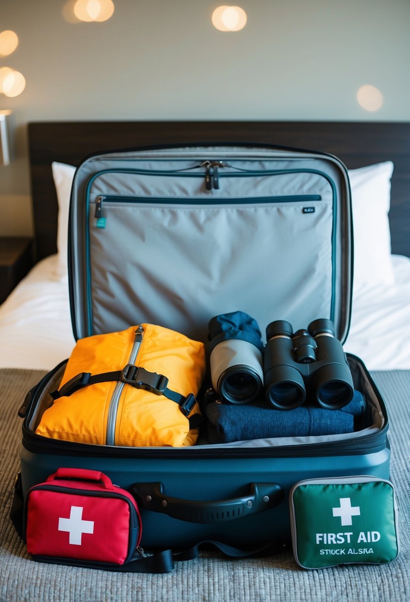 A suitcase open on a bed, filled with warm clothing, waterproof gear, binoculars, and a first aid kit for a cruise to Alaska