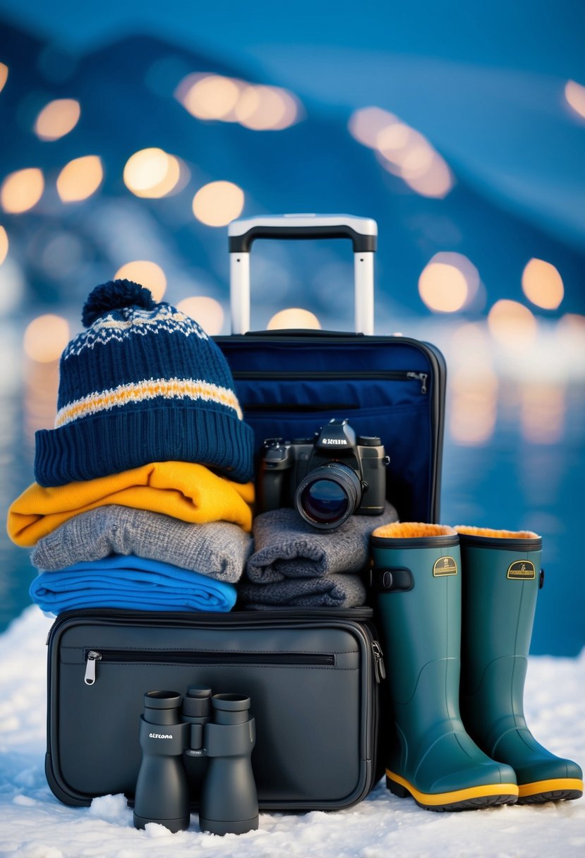 A suitcase filled with warm jackets, hats, gloves, scarves, and waterproof boots, alongside binoculars and a camera, ready for an Alaskan cruise