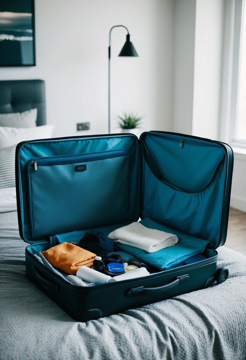 A suitcase open with clothes, toiletries, and travel essentials scattered around on a bed