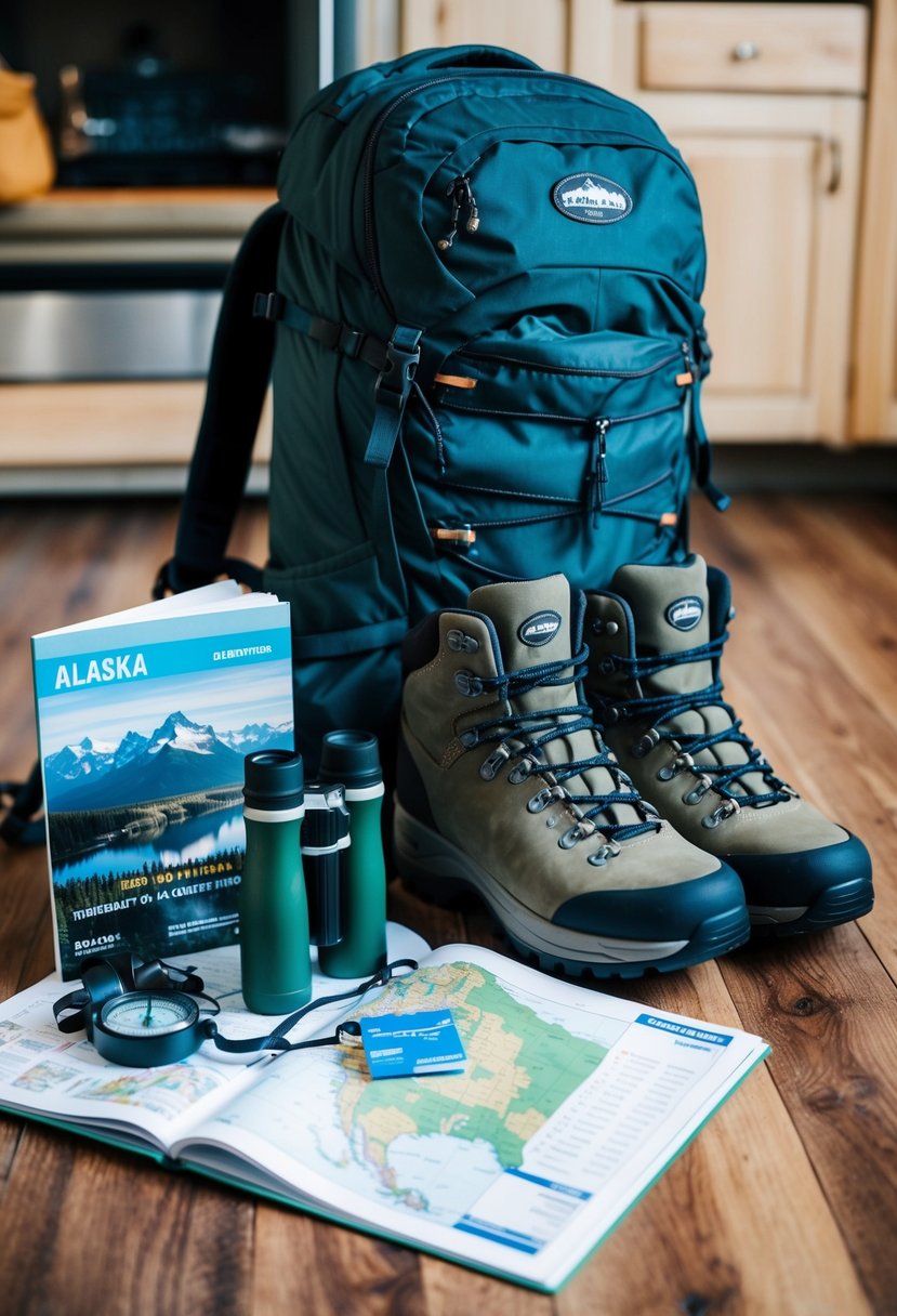 A backpack with a compass, binoculars, water bottle, and hiking boots laid out on a wooden floor next to a map of Alaska and a guidebook