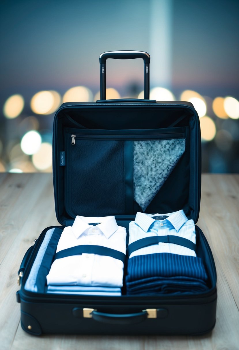 A suitcase open with neatly folded clothing items arranged inside, including shirts, pants, socks, and shoes