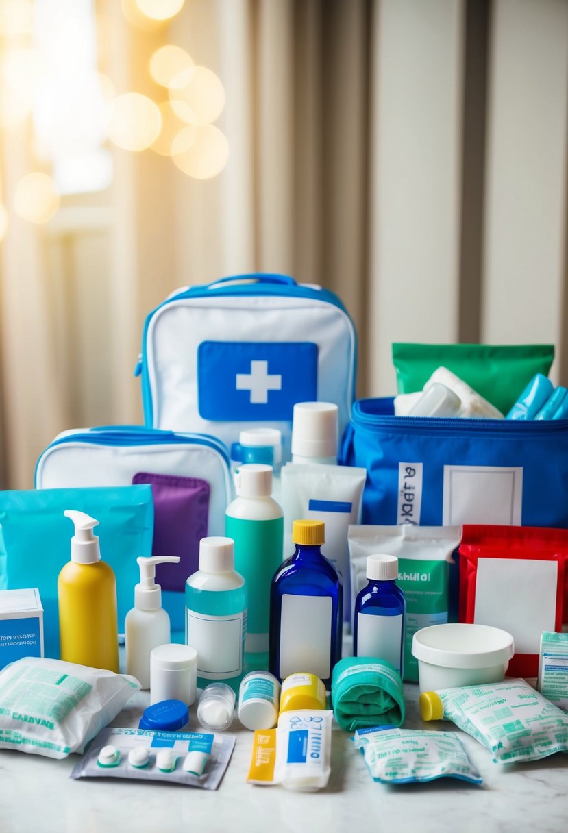 A table with various health and personal care items, including toiletries, medications, and first aid supplies, neatly arranged in preparation for packing