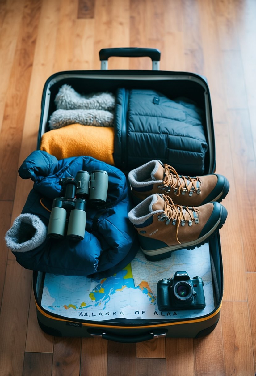 A suitcase open on a wooden floor, filled with warm clothing, hiking boots, binoculars, a camera, and a map of Alaska