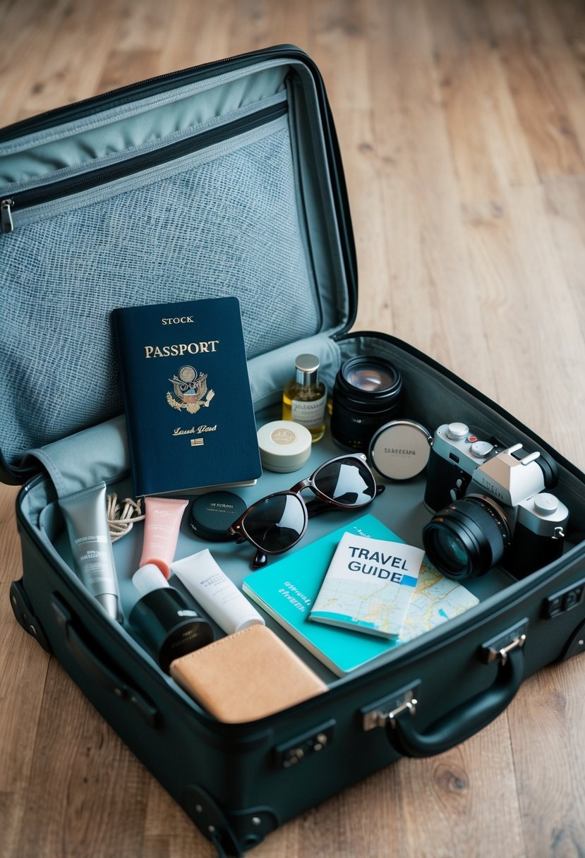 A suitcase open with various items scattered around: passport, sunglasses, toiletries, camera, and travel guide