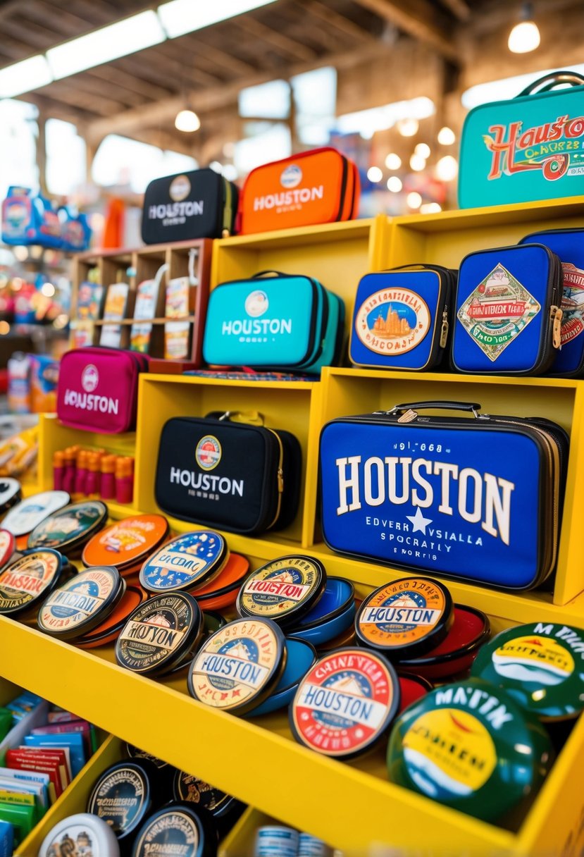 A collection of Houston-themed souvenirs and specialty items displayed in a vibrant market setting