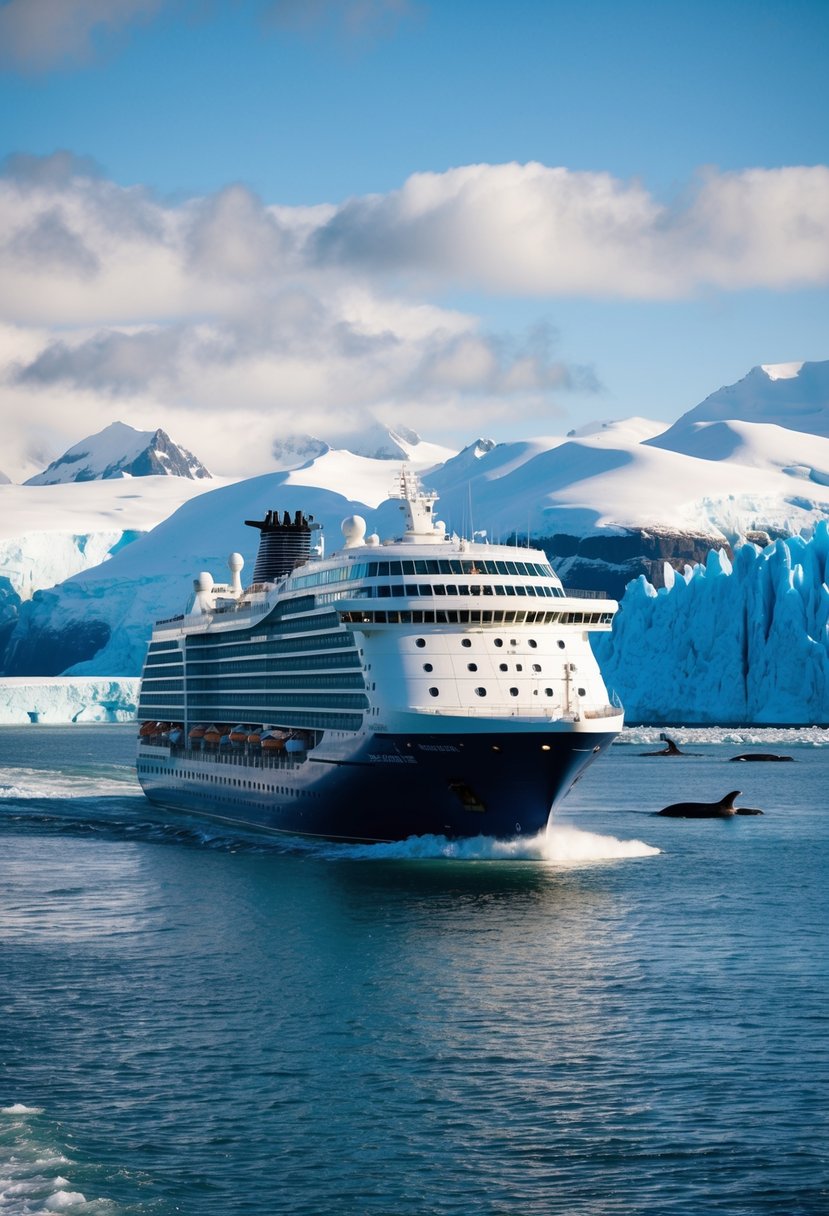 A cruise ship sailing through icy Alaskan waters, surrounded by snow-capped mountains and glaciers. Wildlife such as whales and seals can be seen in the distance