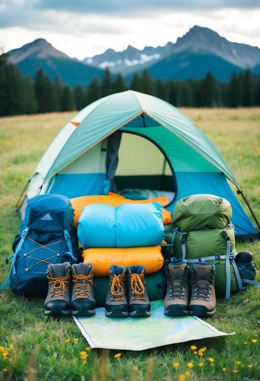 A pile of camping gear including a tent, sleeping bags, backpacks, hiking boots, and a map laid out on a grassy field with a mountain range in the background