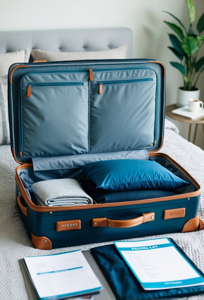 A suitcase open on a bed, filled with neatly folded clothes and travel essentials. A packing list and travel documents laid out on a nearby table