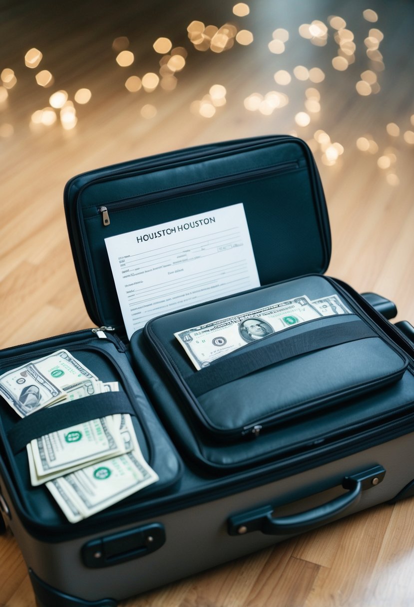 A suitcase filled with cash, passports, and paperwork for a trip to Houston