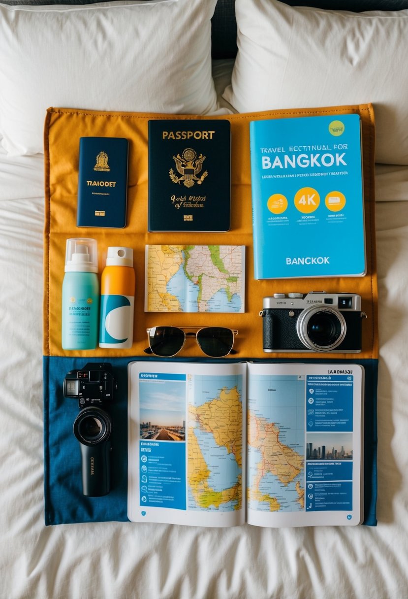 A colorful array of travel essentials laid out on a bed: passport, sunscreen, camera, map, sunglasses, and a guidebook for Bangkok