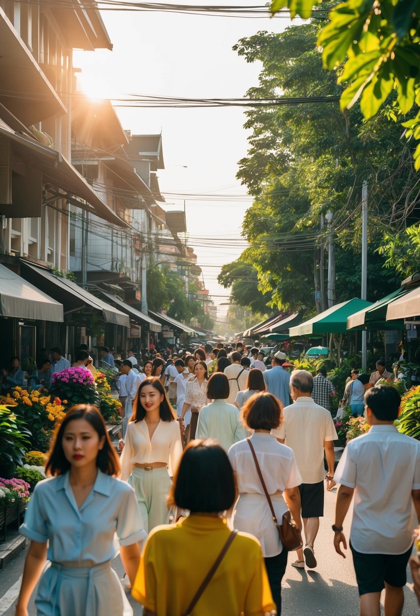 A bustling Bangkok street with people in light clothing under a bright, hot sun, surrounded by lush greenery and colorful flowers