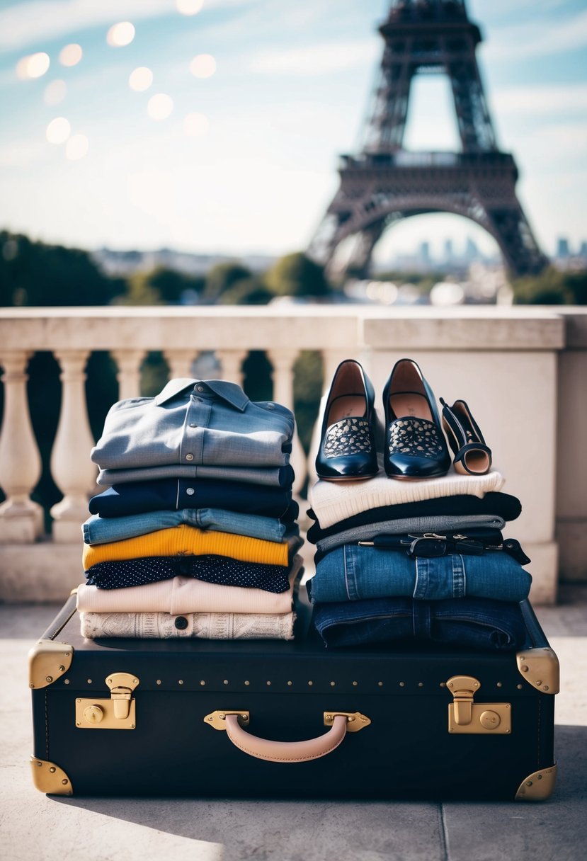 Stylish clothing, accessories, and shoes arranged neatly on a vintage suitcase, with the Eiffel Tower in the background