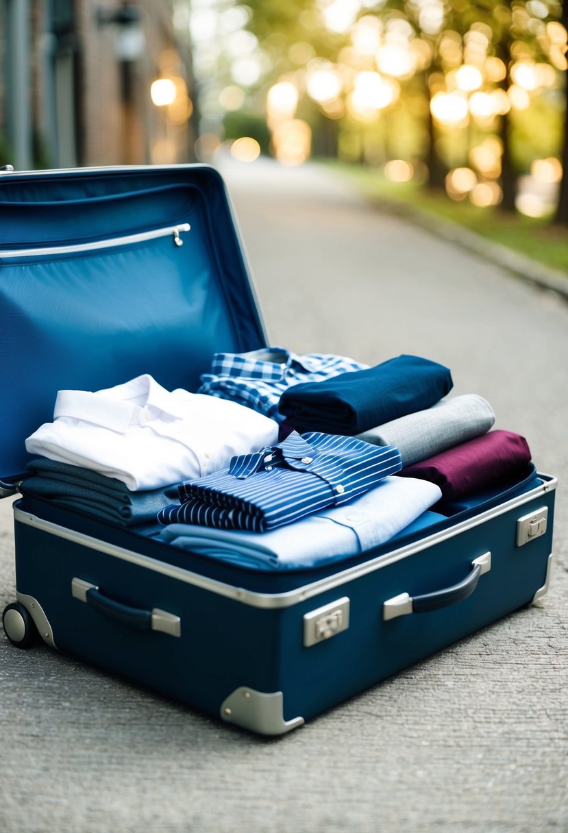 A suitcase open with neatly folded clothing items including shirts, pants, shorts, dresses, and shoes