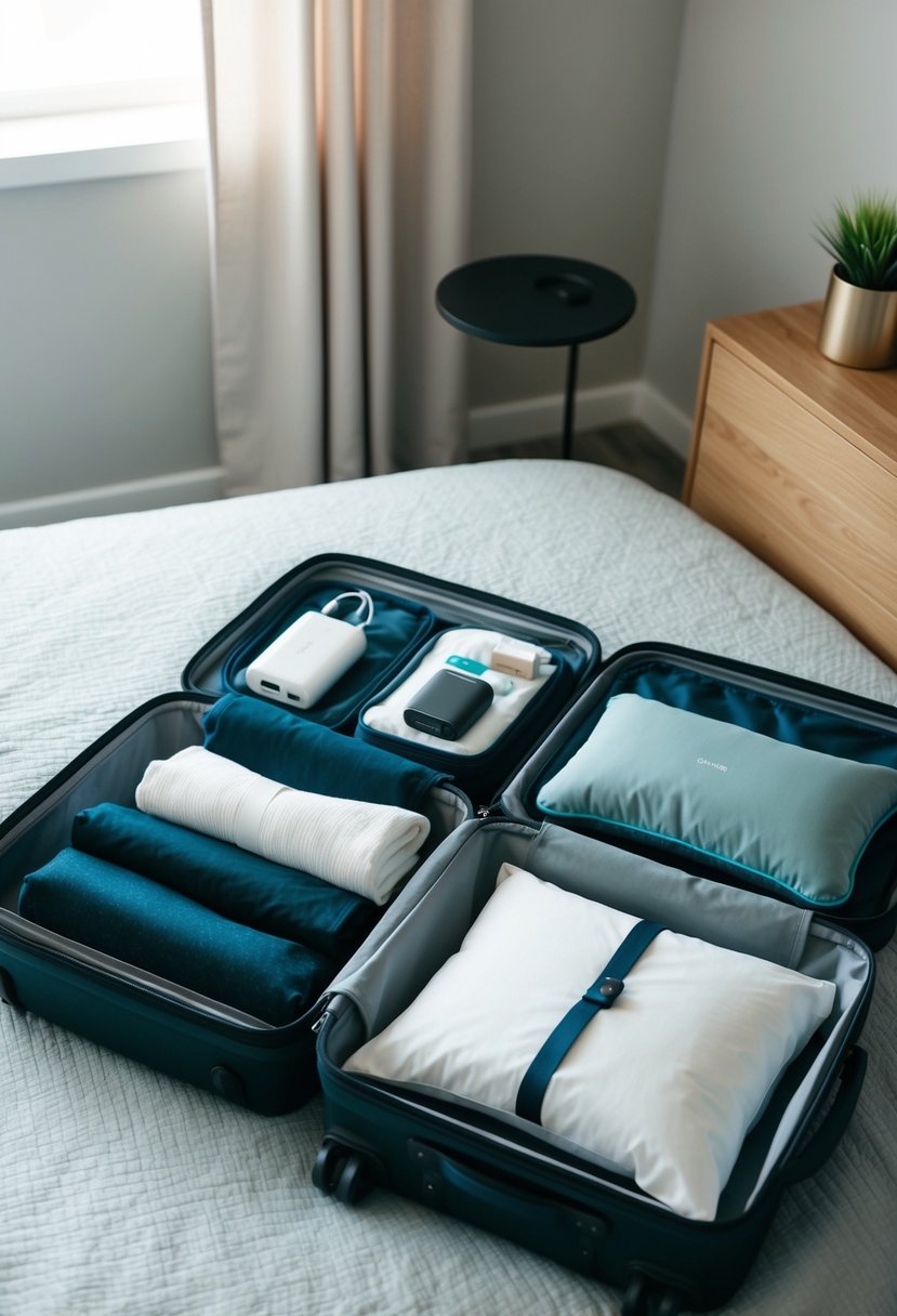 A suitcase open on a bed, filled with neatly folded clothes, a travel-sized toiletry kit, a portable charger, and a compact travel pillow