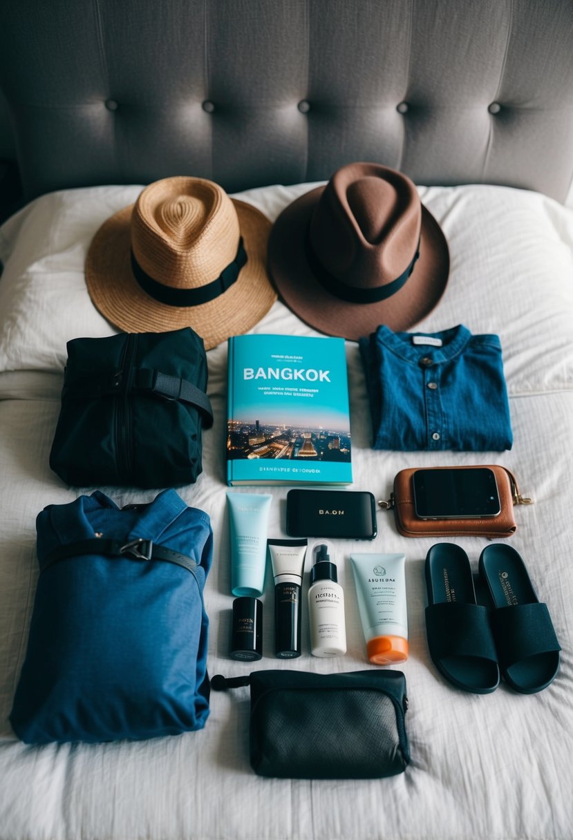 A collection of travel essentials laid out on a bed, including clothes, toiletries, and a guidebook for Bangkok