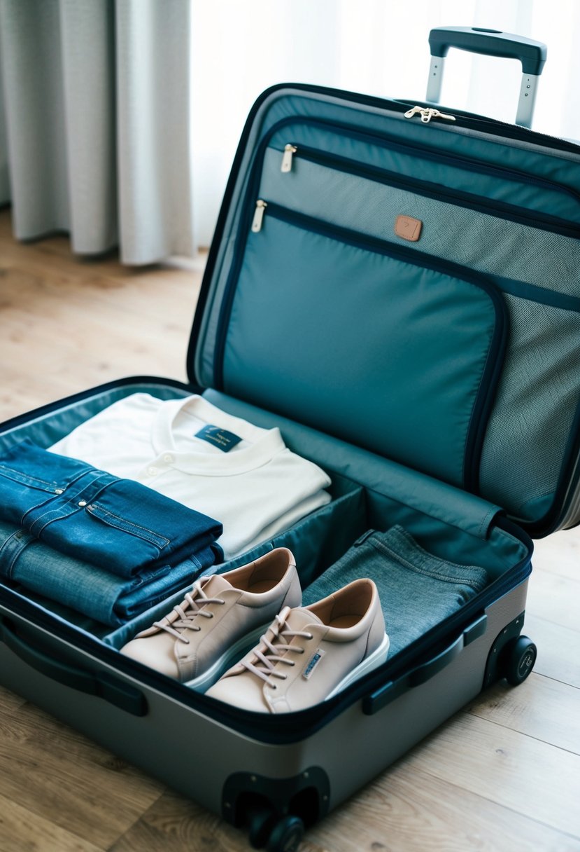 A suitcase open with neatly folded clothes, including versatile items like jeans, t-shirts, a light jacket, and comfortable shoes, ready for a European adventure