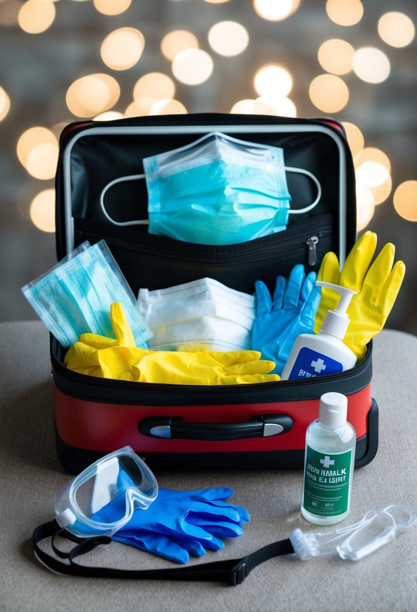 A suitcase filled with a first aid kit, face masks, gloves, hand sanitizer, and safety goggles