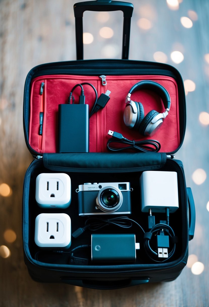 A suitcase filled with a camera, phone, chargers, adapter, headphones, and portable power bank for a Euro trip