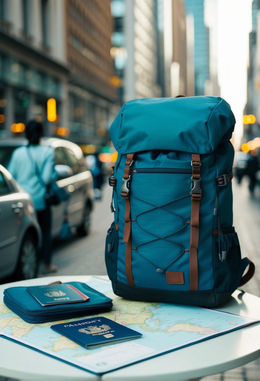 A backpack filled with travel essentials sits next to a map and passport on a table in a bustling city