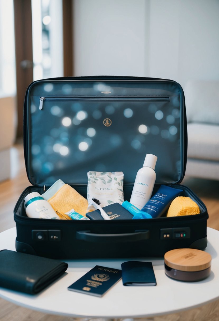 A suitcase open with personal items and toiletries spilling out onto a table, including a toothbrush, shampoo, passport, and travel-sized containers